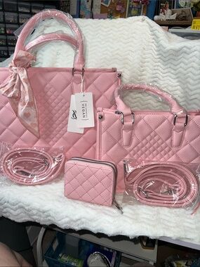 Chic Quilted Pink Vegan Leather Tote Set with Wallet